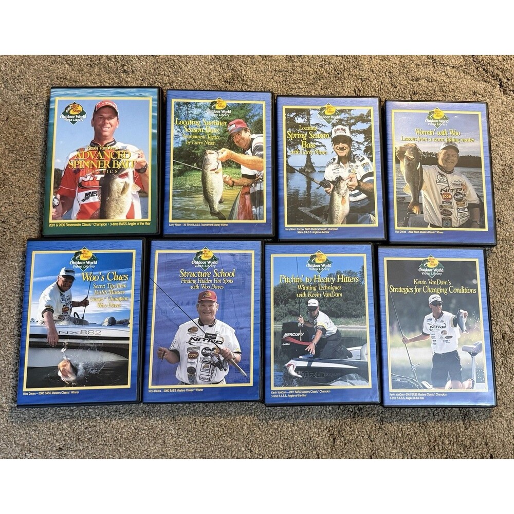 Vintage Set Of 8 Bass Pro Shops Outdoor World Video Library Fishing DVDs
